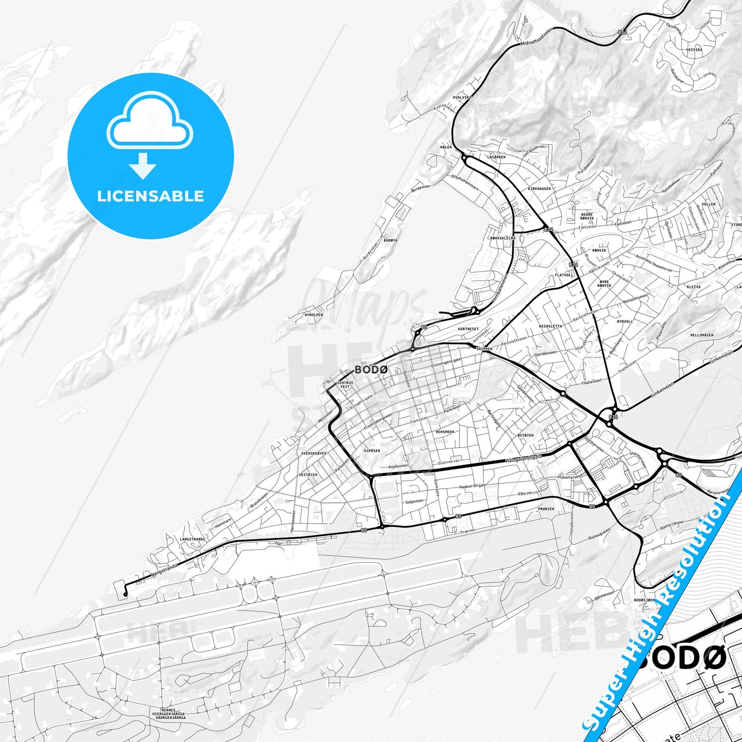 Bodø, Norway Light Map with Street Names, City Names, and Districts