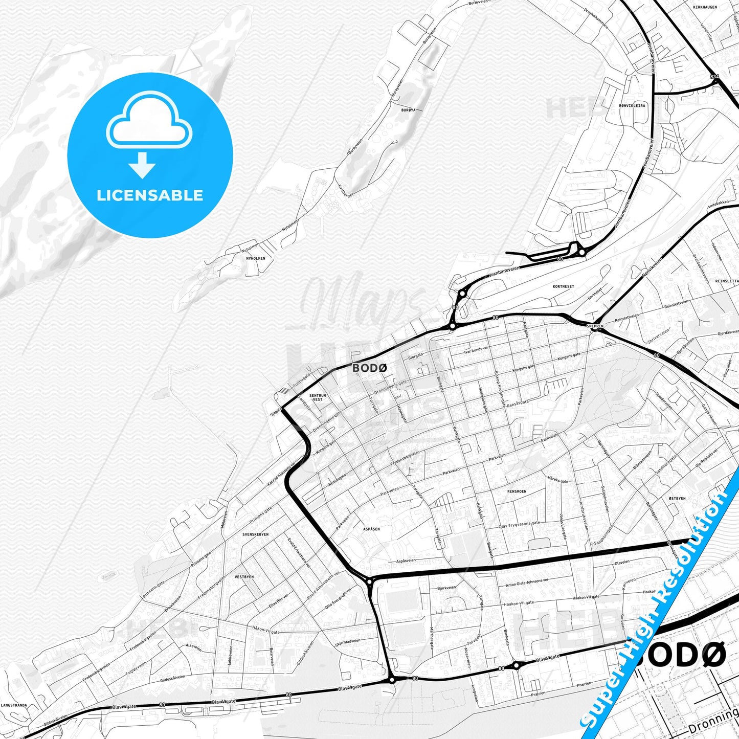 Bodø, Norway Light Map with Street Names, City Names, and Districts