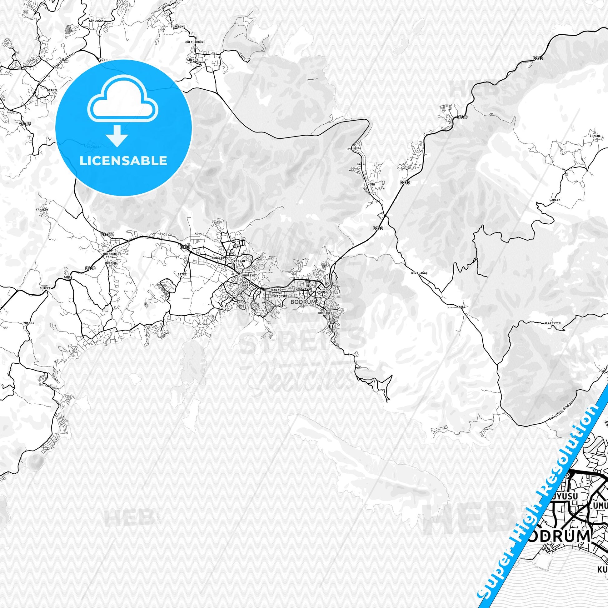 Bodrum, Turkey light map with streetnames, citynames and districts