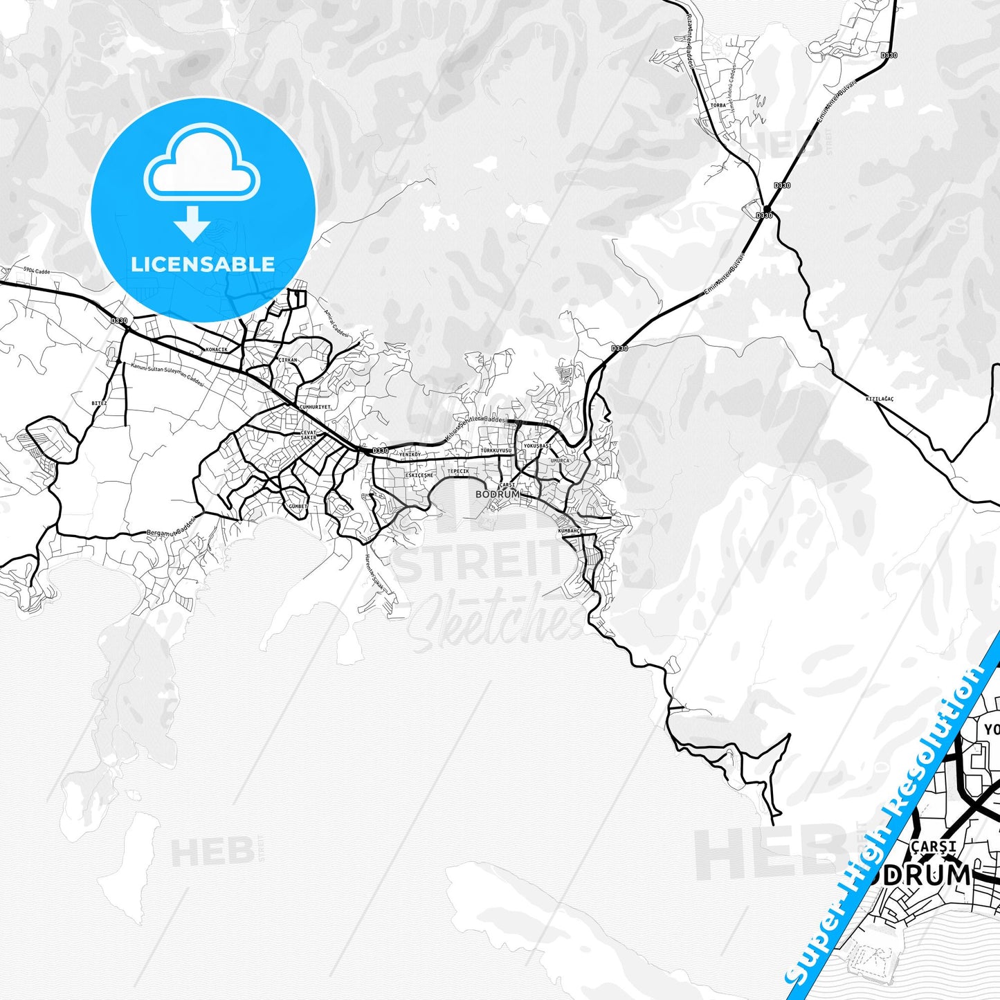 Bodrum, Turkey Light Map with Street Names, City Names, and Districts