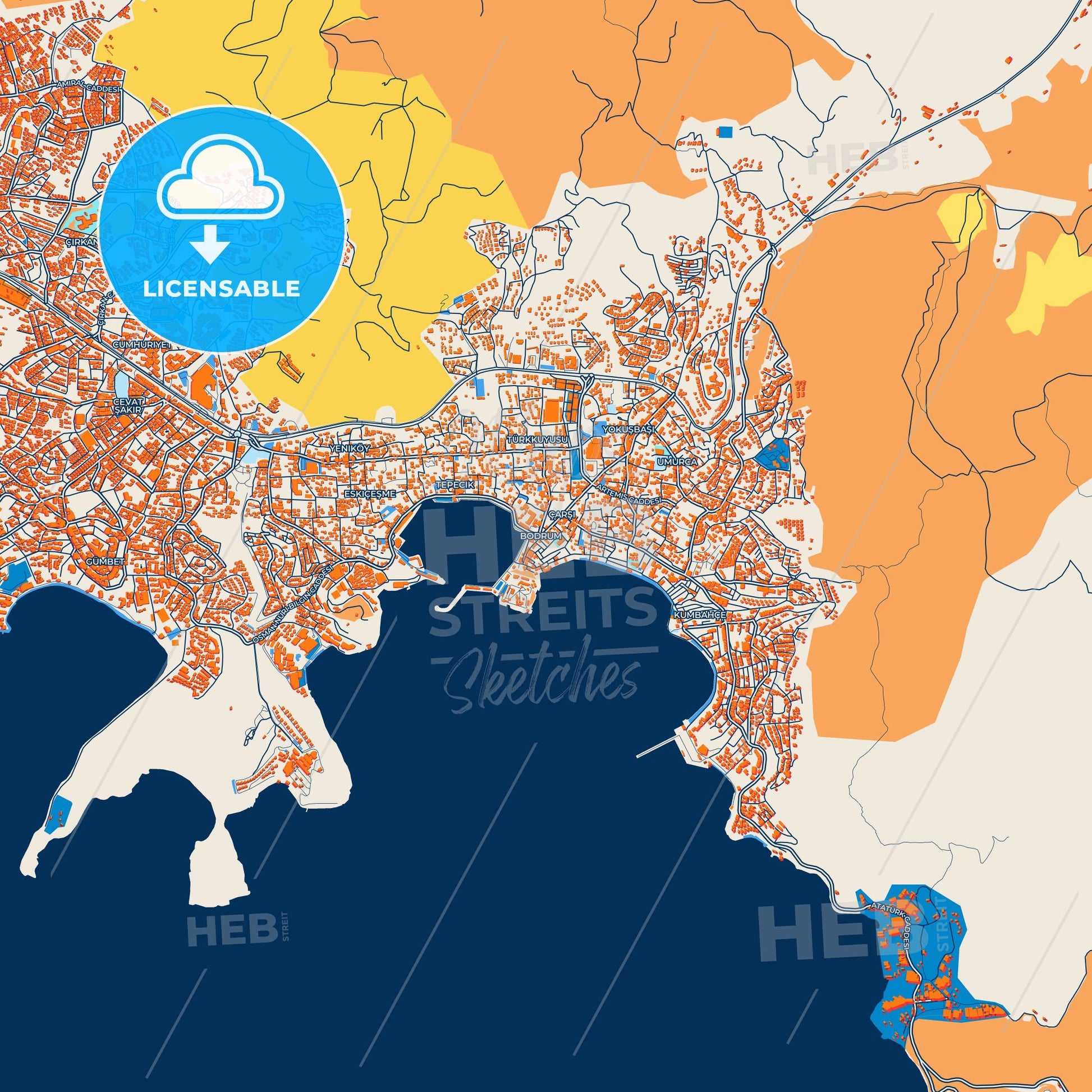 Colorful Bodrum Street Map with Labels and Buildings
