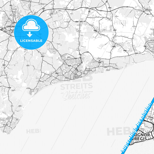 Bognor Regis, England light map with streetnames, citynames and districts