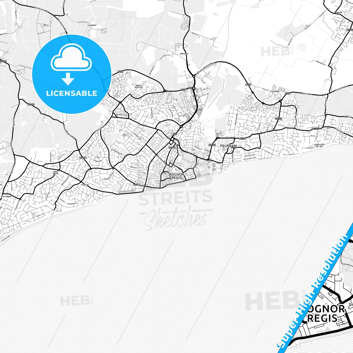 Bognor Regis, England Light Map with Street Names, City Names, and Districts