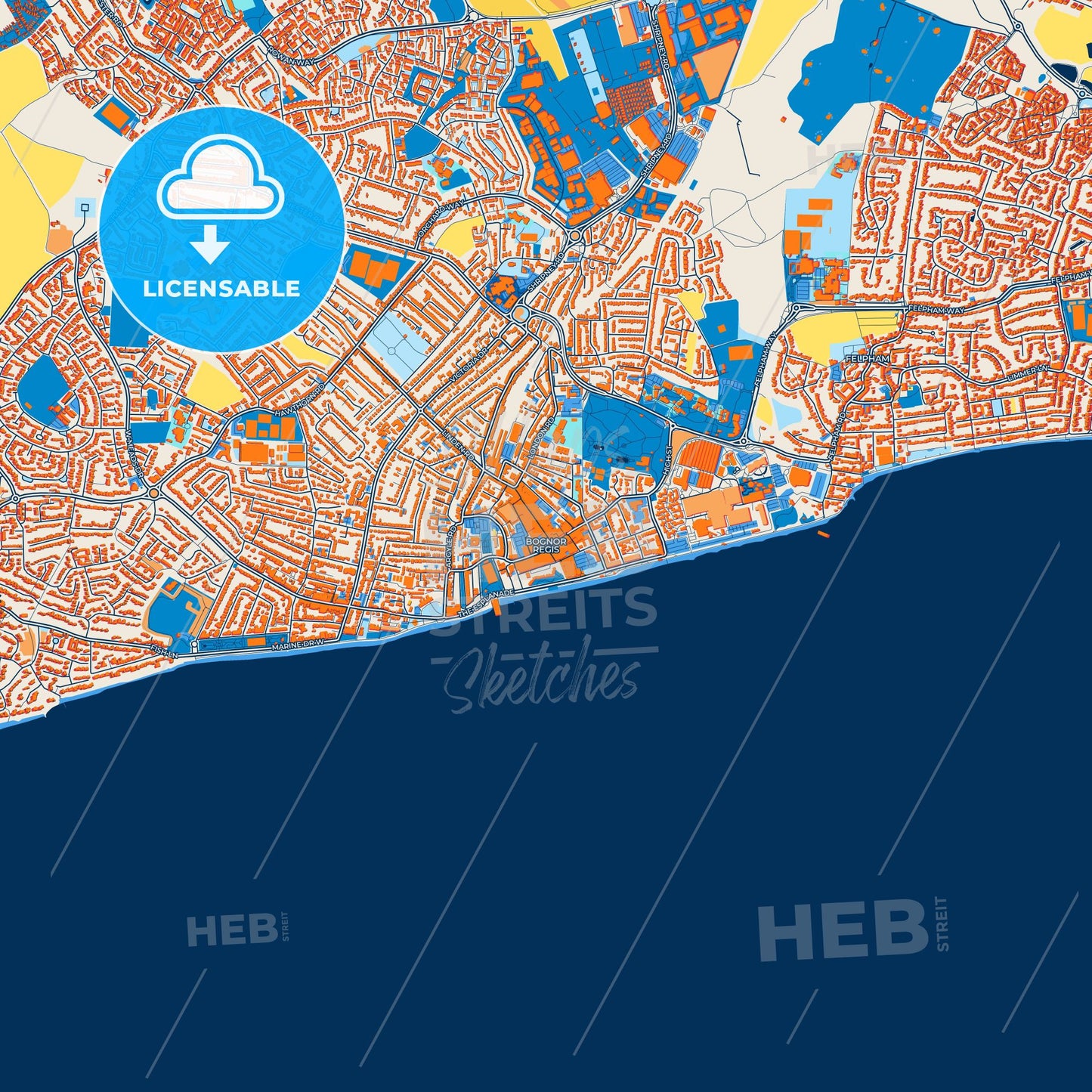 Colorful Bognor Regis Street Map with Labels and Buildings