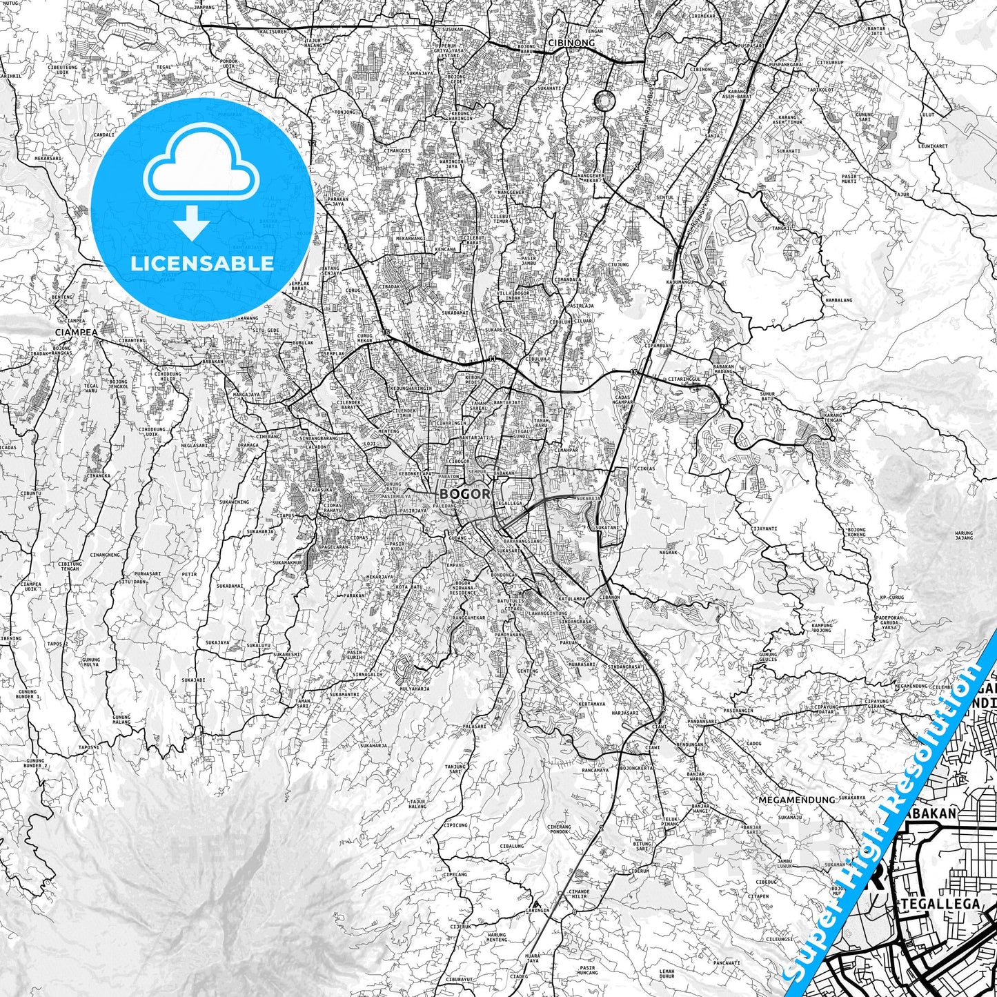 Bogor, Indonesia light map with streetnames, citynames and districts