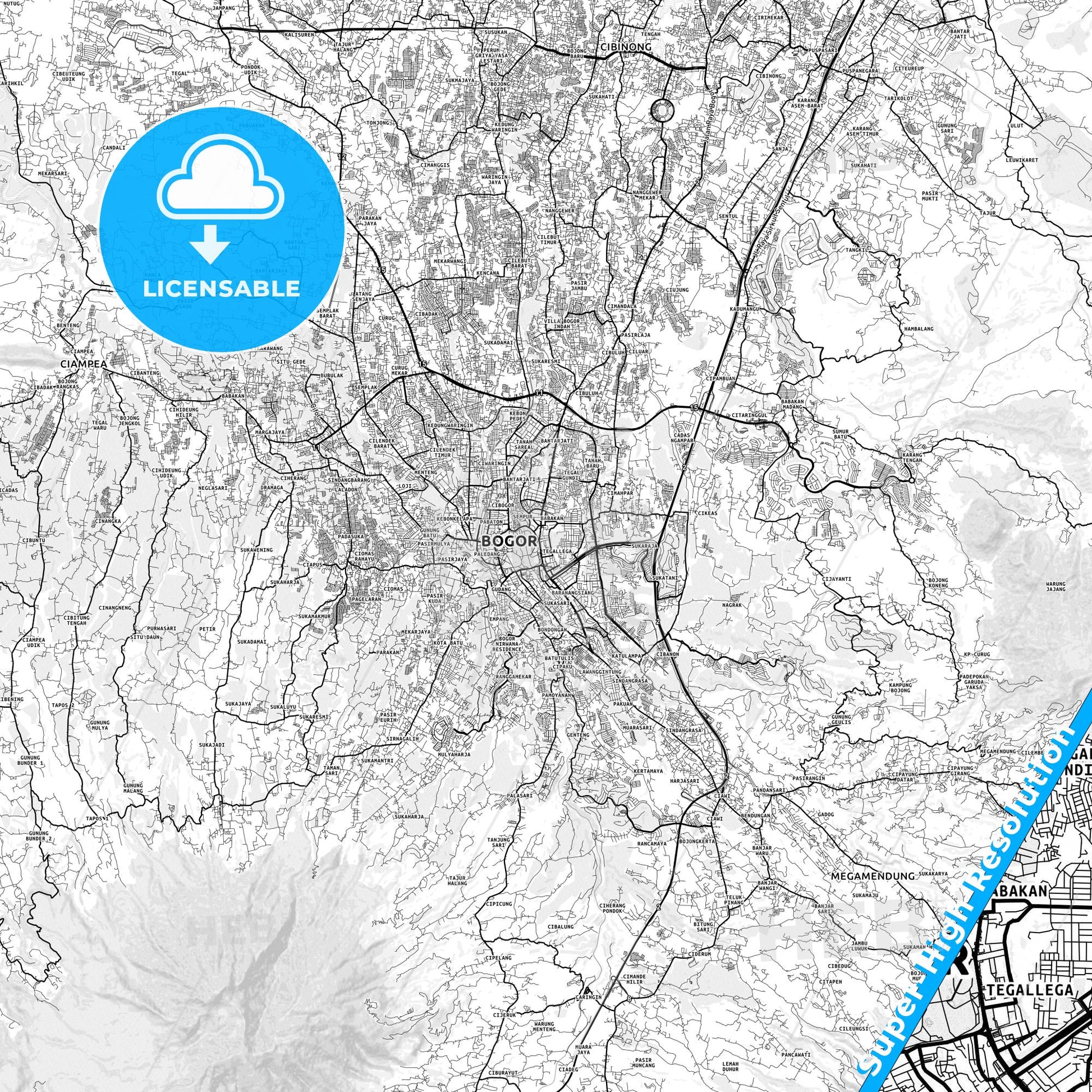 Bogor, Indonesia light map with streetnames, citynames and districts