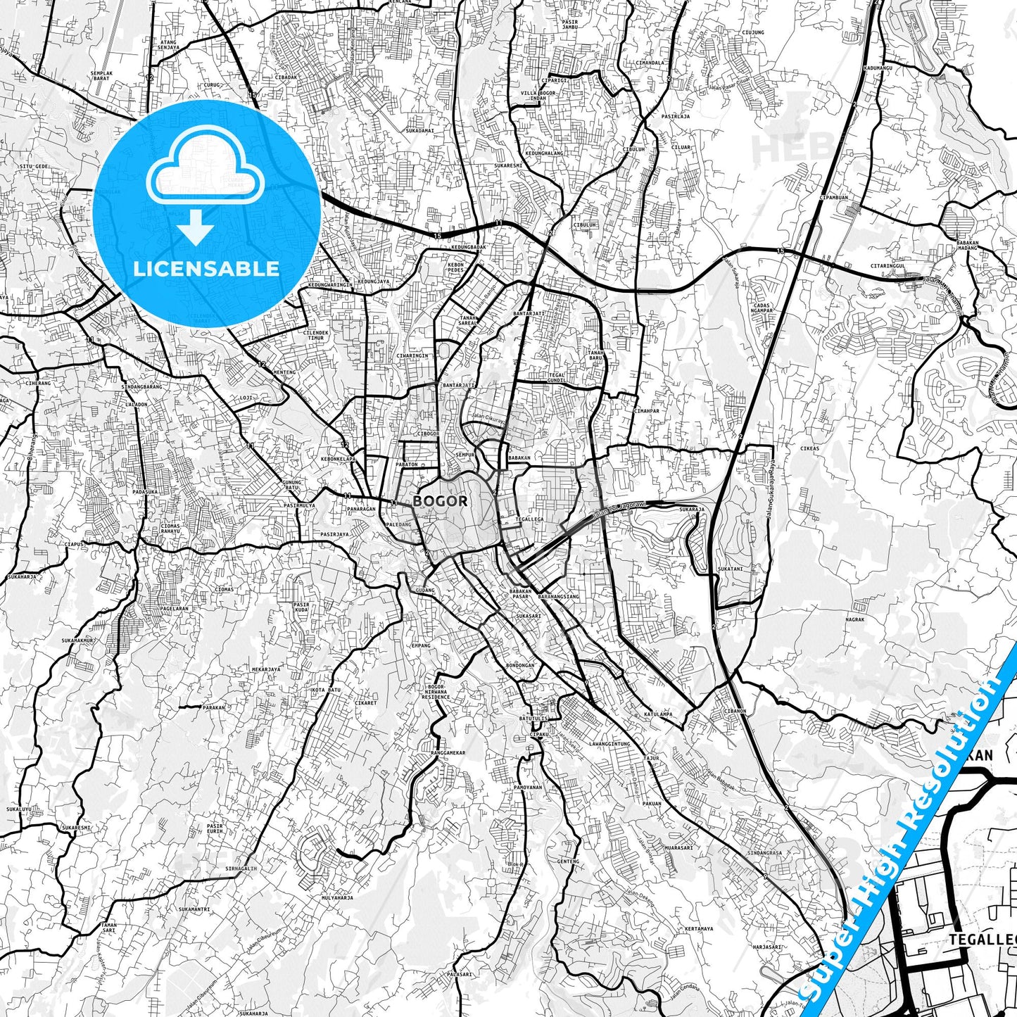 Bogor, Indonesia Light Map with Street Names, City Names, and Districts