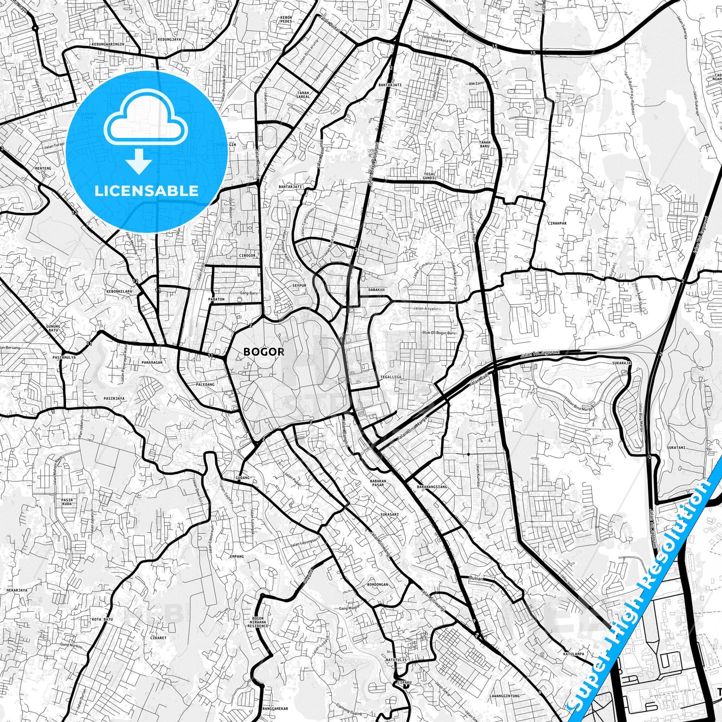 Bogor, Indonesia Light Map with Street Names, City Names, and Districts