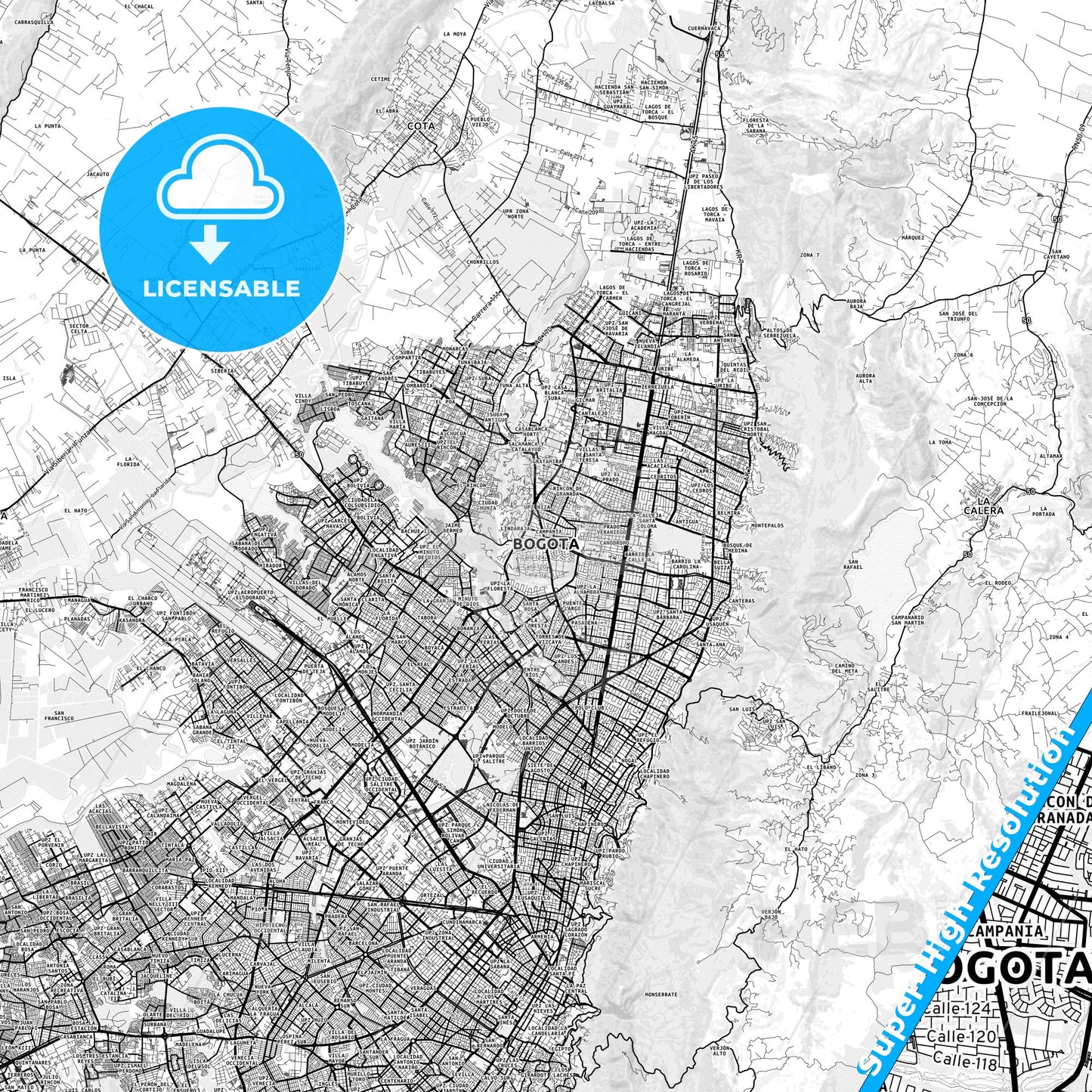 Bogota, Colombia light map with streetnames, citynames and districts