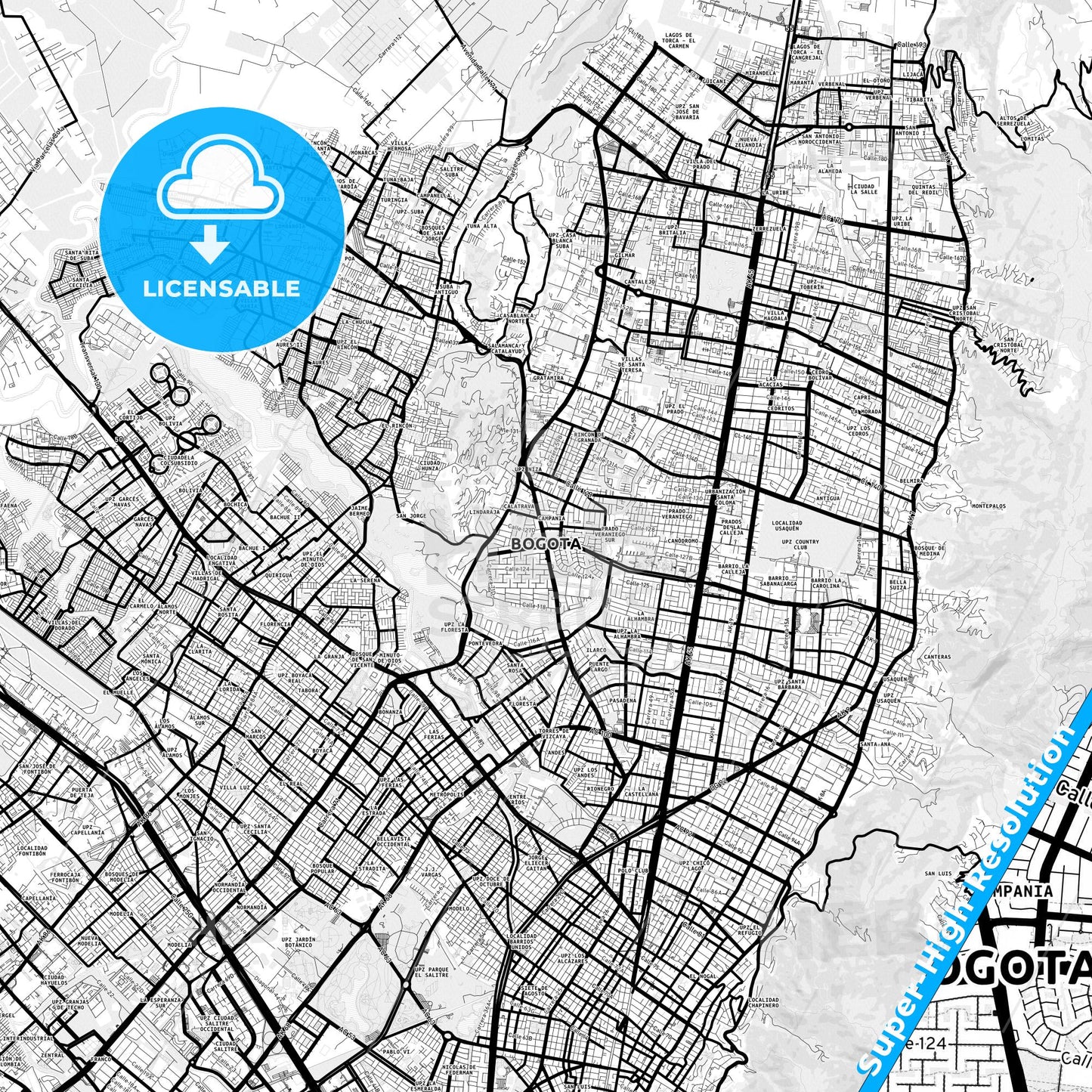 Bogota, Colombia Light Map with Street Names, City Names, and Districts