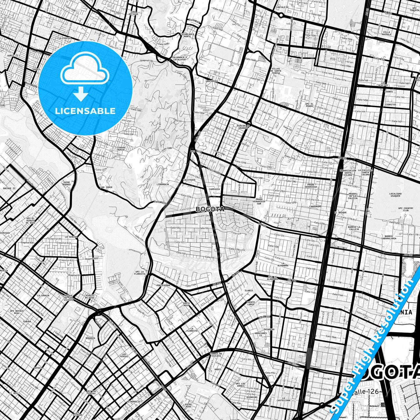 Bogota, Colombia Light Map with Street Names, City Names, and Districts