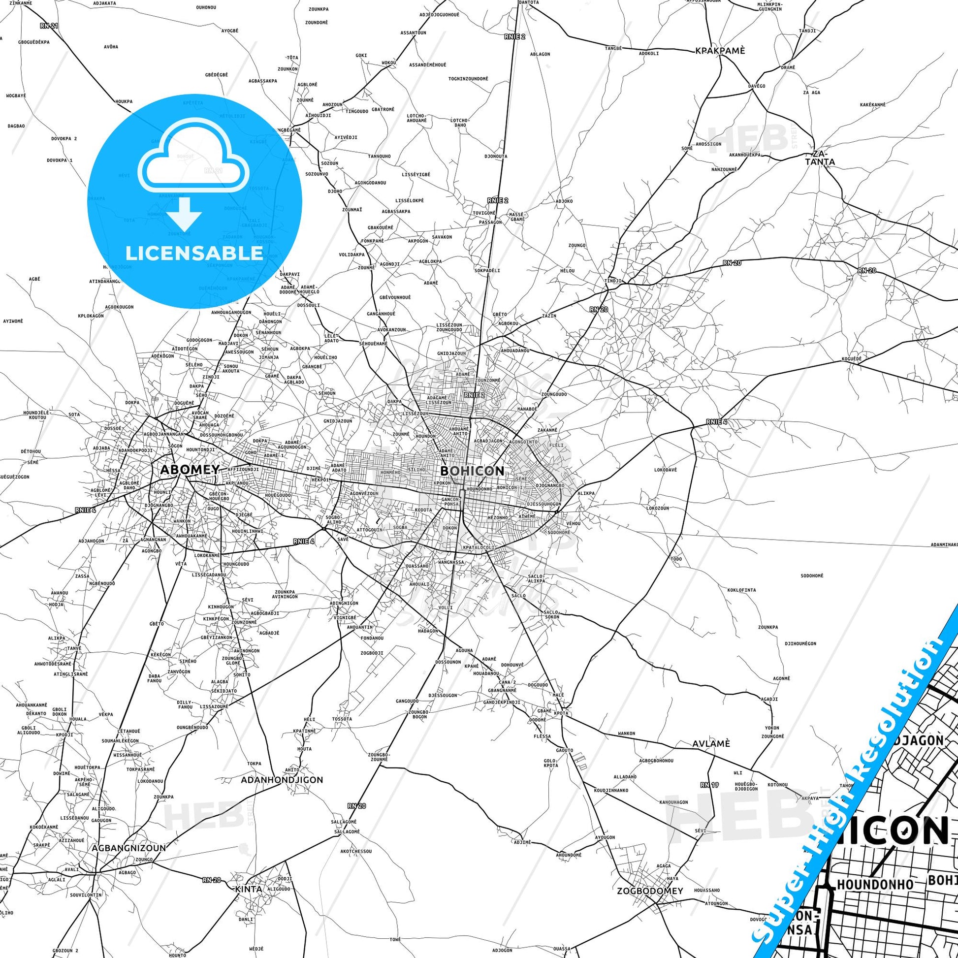 Bohicon, Benin light map with streetnames, citynames and districts