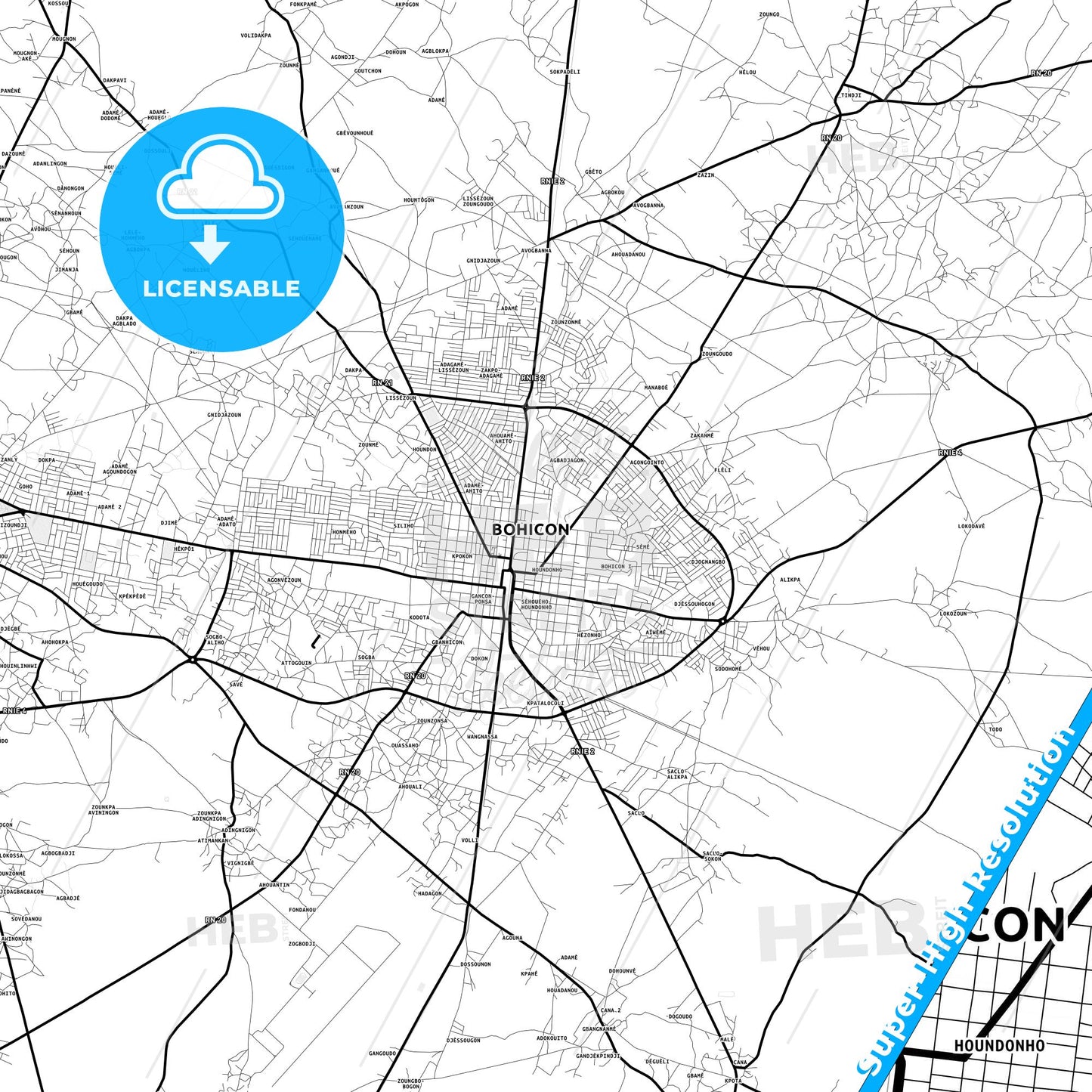 Bohicon, Benin Light Map with Street Names, City Names, and Districts
