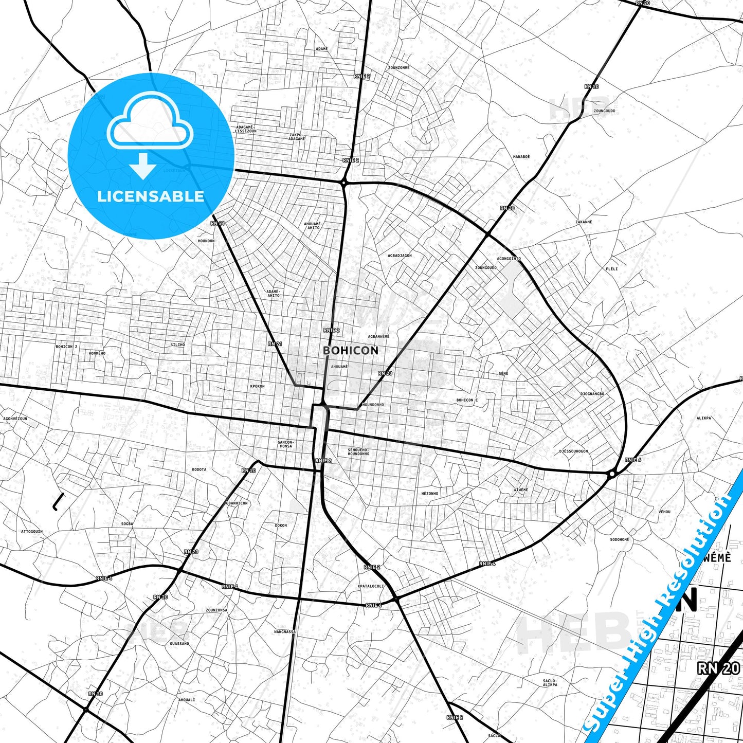 Bohicon, Benin Light Map with Street Names, City Names, and Districts