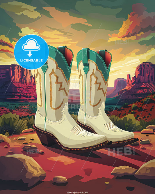 Cartoon style, pair of white western female cowboy boots with teal and gold stitching details, isolated on white background, desert background, painting, art style