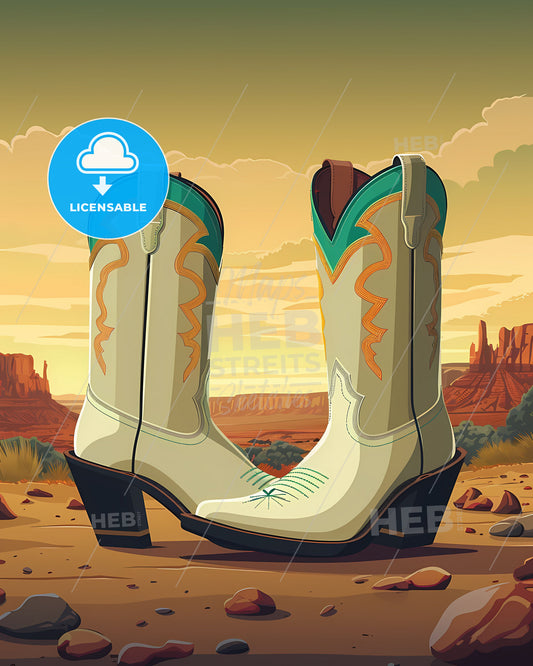 Cartoon-style white cowboy boots featuring teal and gold stitch detailing, isolated on a crisp white backdrop, perfect for prints, textiles, and digital projects