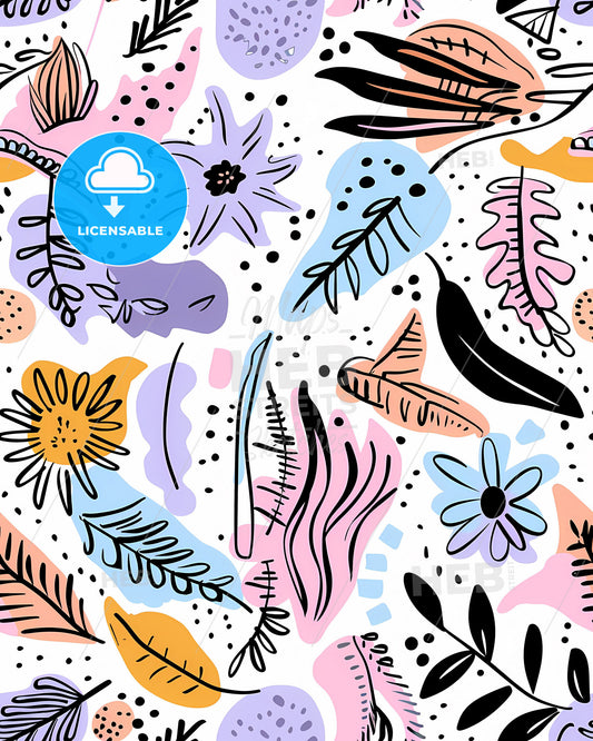 Boho Doodles Seamless Pattern with Colorful Flowers and Leaves in Pastel Hues