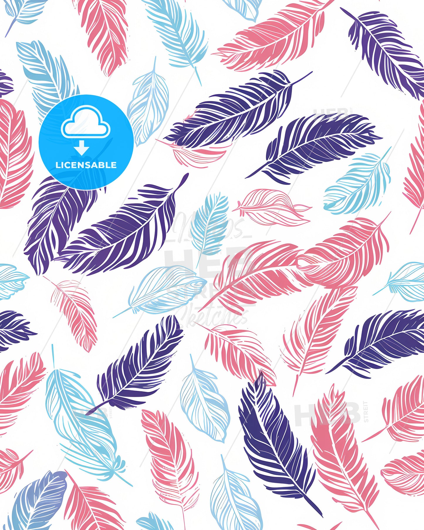 Vibrant Pastel Boho Feathers Seamless Pattern with Artistic Focus on Colorful Feathers on White Background