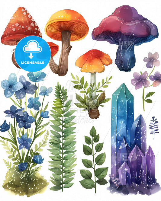 Colorful Boho Rainbow Botanical Element Set Mushrooms Plants Painting Background