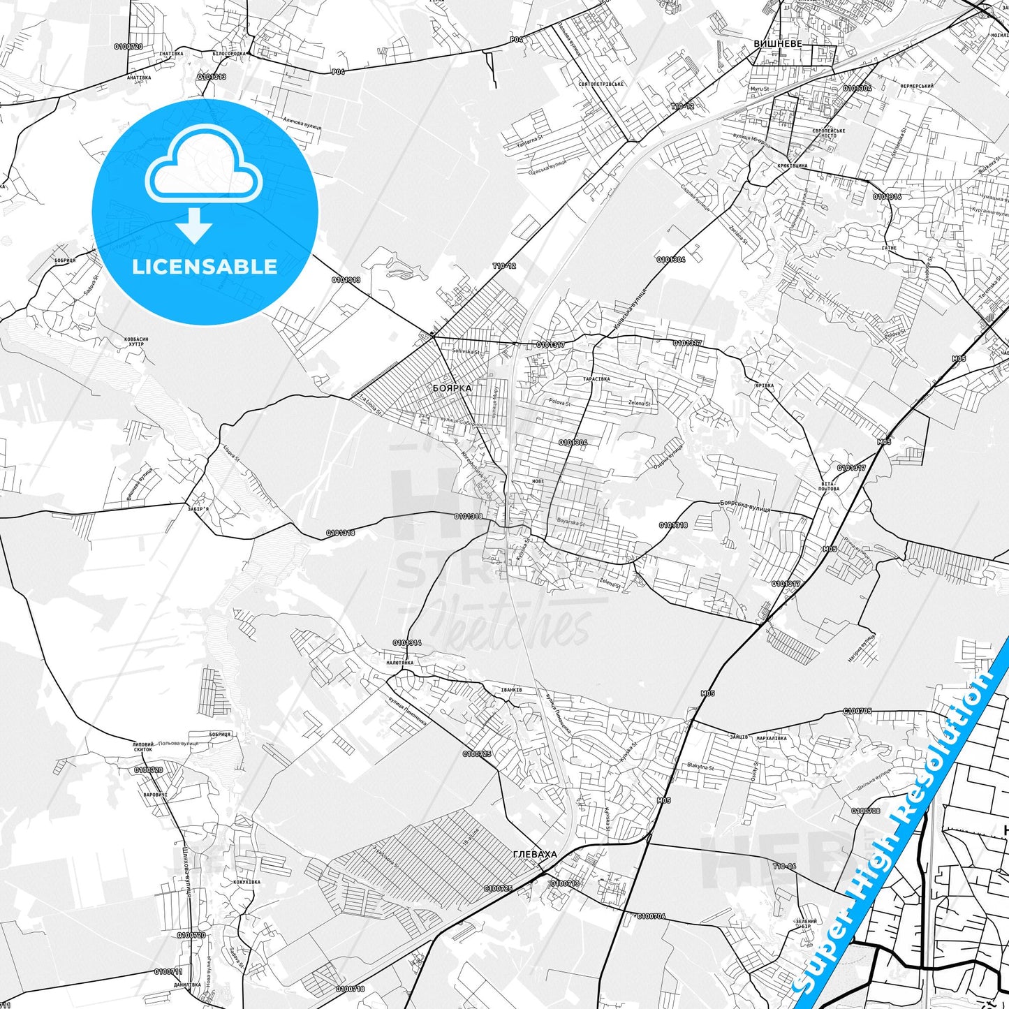 Boiarka, Ukraine light map with streetnames, citynames and districts