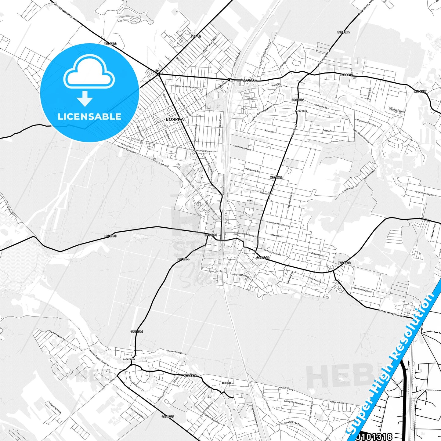 Boiarka, Ukraine Light Map with Street Names, City Names, and Districts