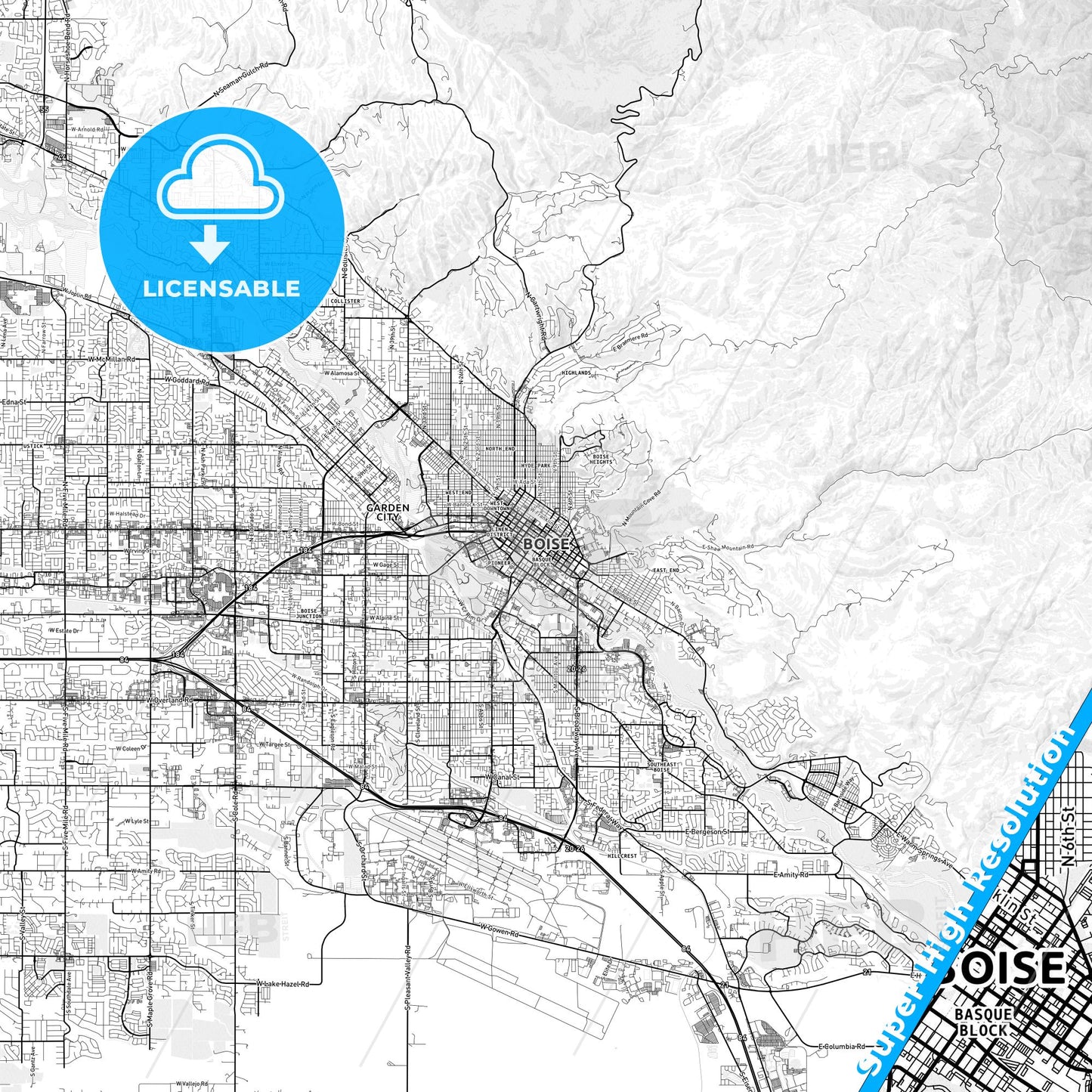 Boise, Idaho light map with streetnames, citynames and districts