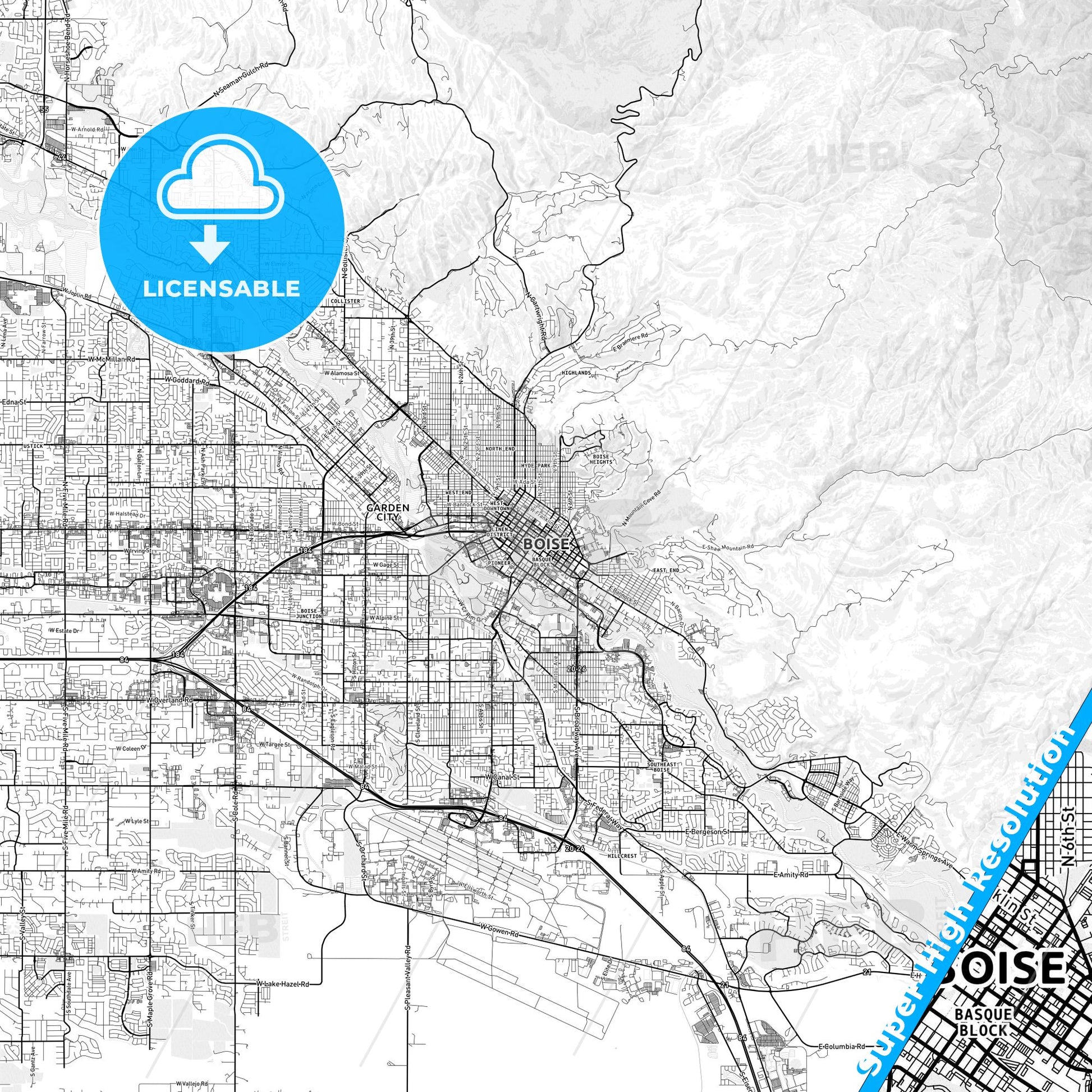 Boise, Idaho light map with streetnames, citynames and districts