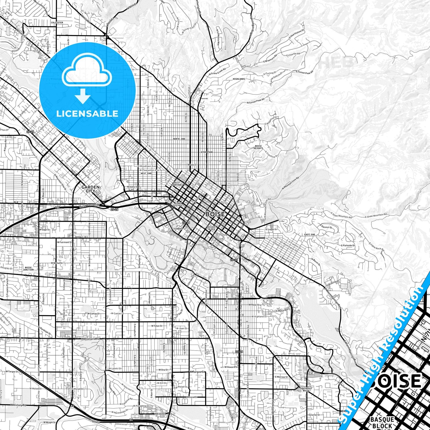 Boise, Idaho Light Map with Street Names, City Names, and Districts