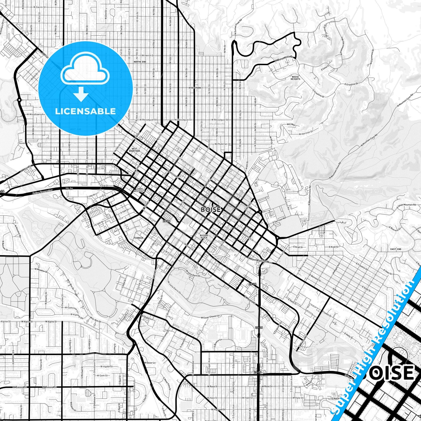 Boise, Idaho Light Map with Street Names, City Names, and Districts