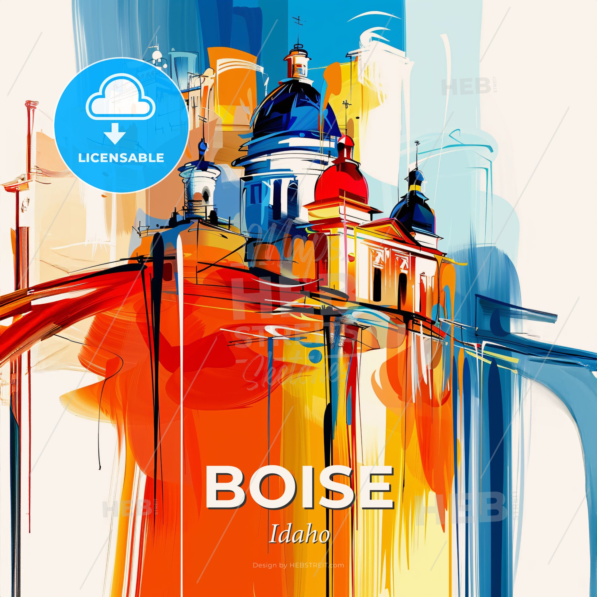 Vibrant Boise, Idaho - A Painting Of A Building With A Dome And A Bridge - Square format print template