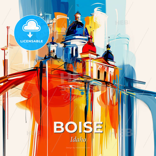 Vibrant Boise, Idaho - A Painting Of A Building With A Dome And A Bridge - Square format print template