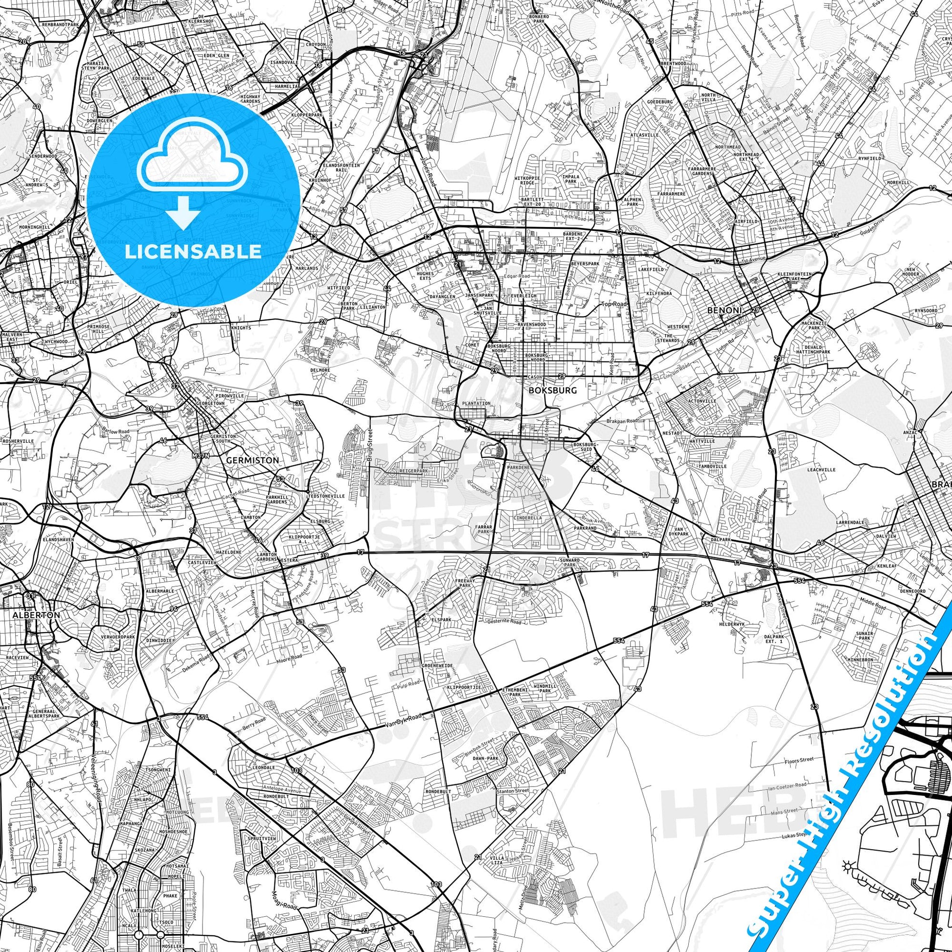 Boksburg, South Africa light map with streetnames, citynames and districts