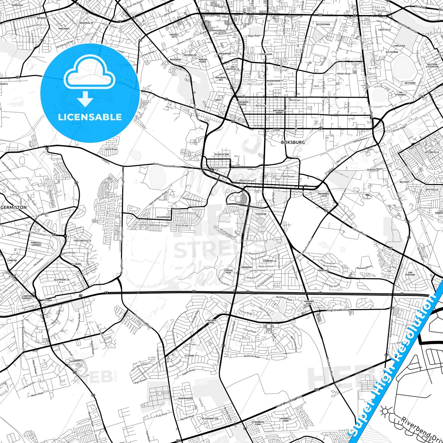 Boksburg, South Africa Light Map with Street Names, City Names, and Districts