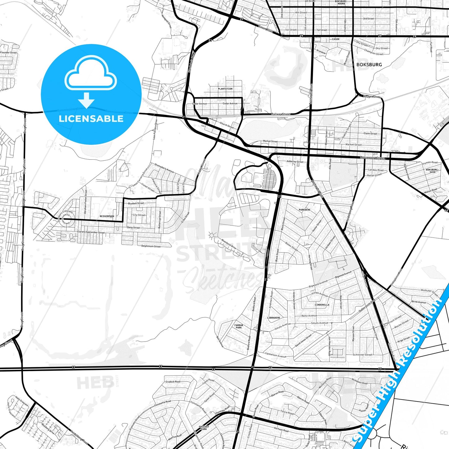 Boksburg, South Africa Light Map with Street Names, City Names, and Districts