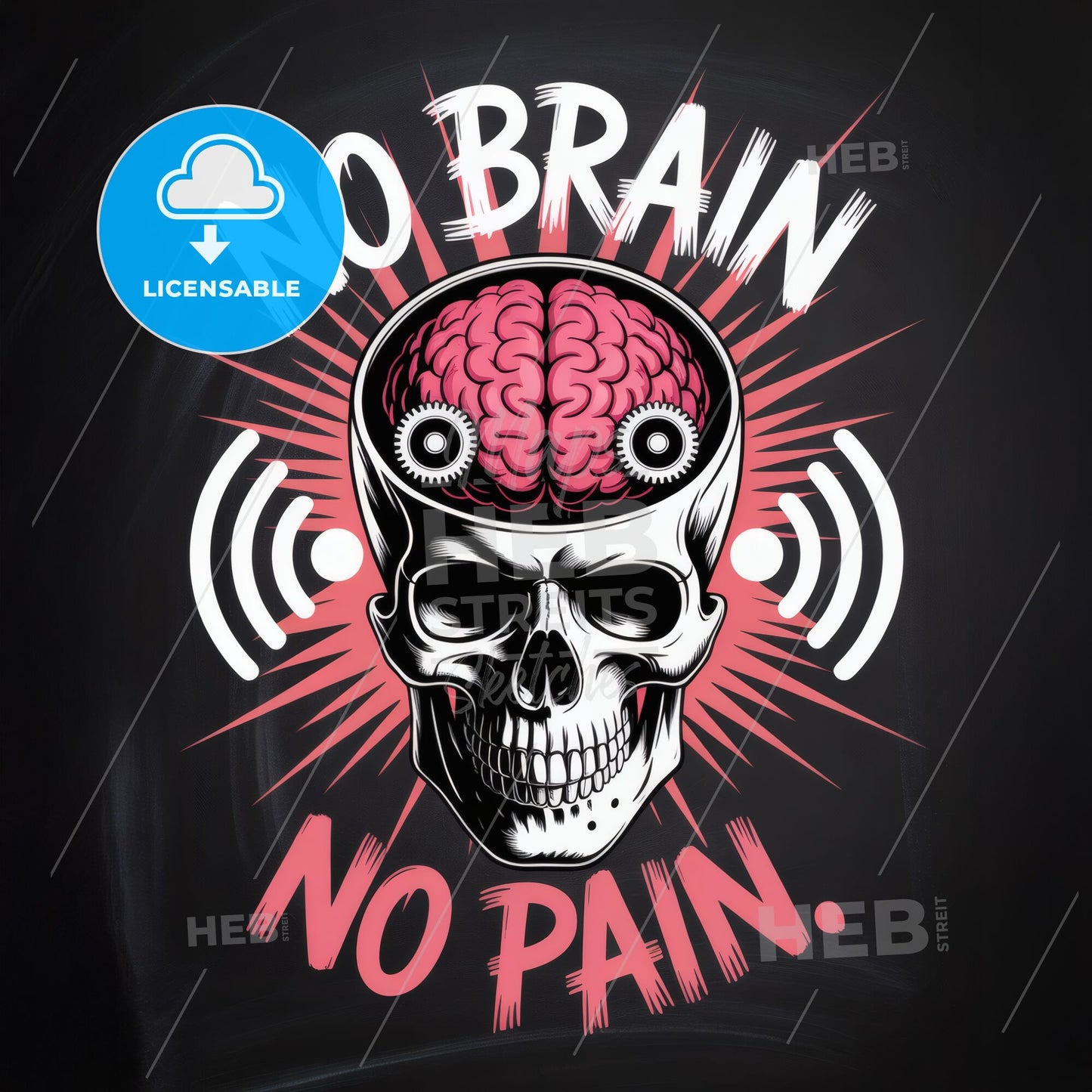 Bold Graphic Design Featuring Skull and Brain with Motivational Phrase 'No Brain, No Pain'
