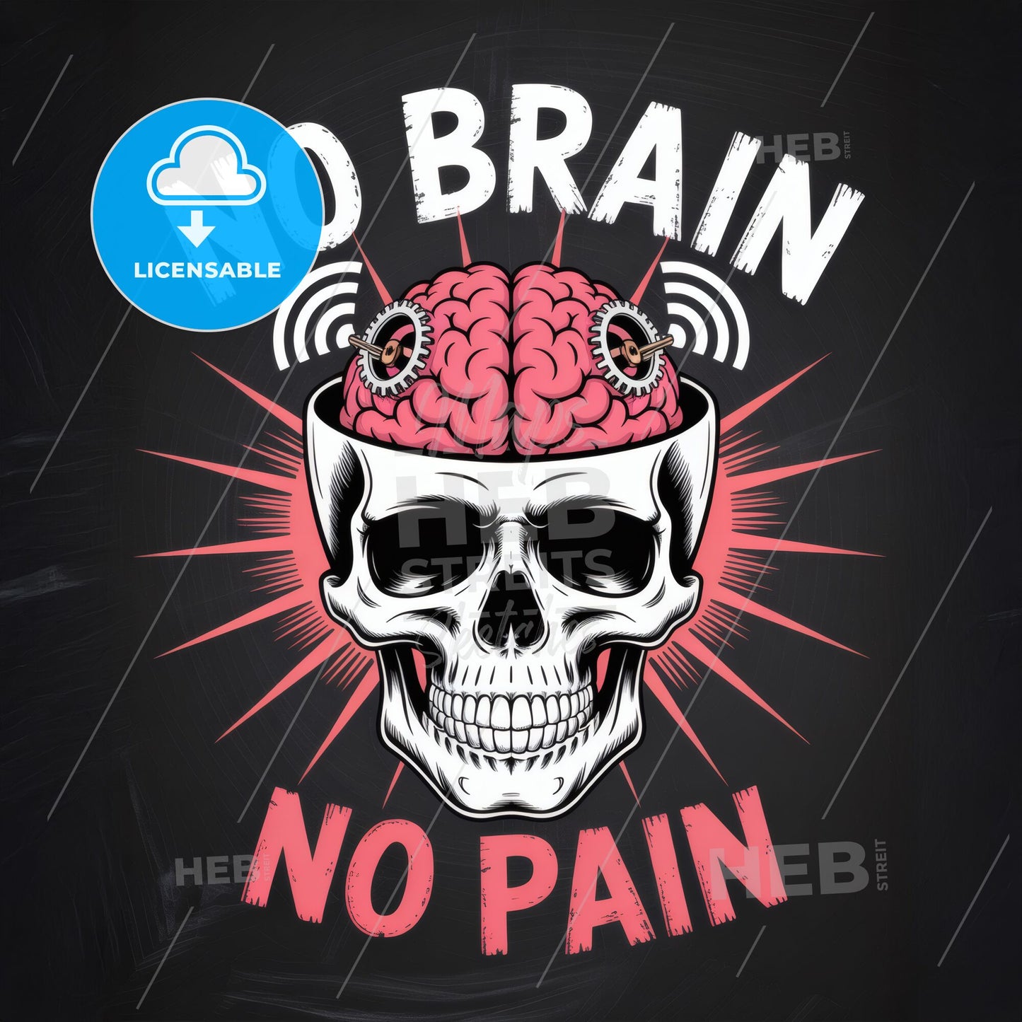Bold Skull Design with Quirky Brain Theme: Emphasizing the Concept of 'No Brain, No Pain' in Vibrant Colors.