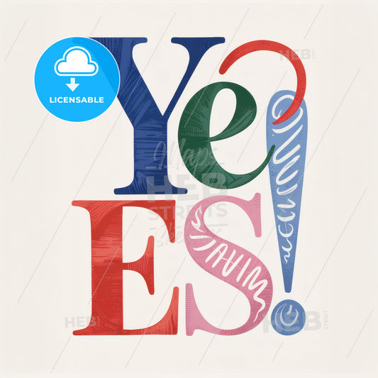 Bold 'YES!' Typographic Art Print: Vibrant Colors on Minimalist Beige Canvas