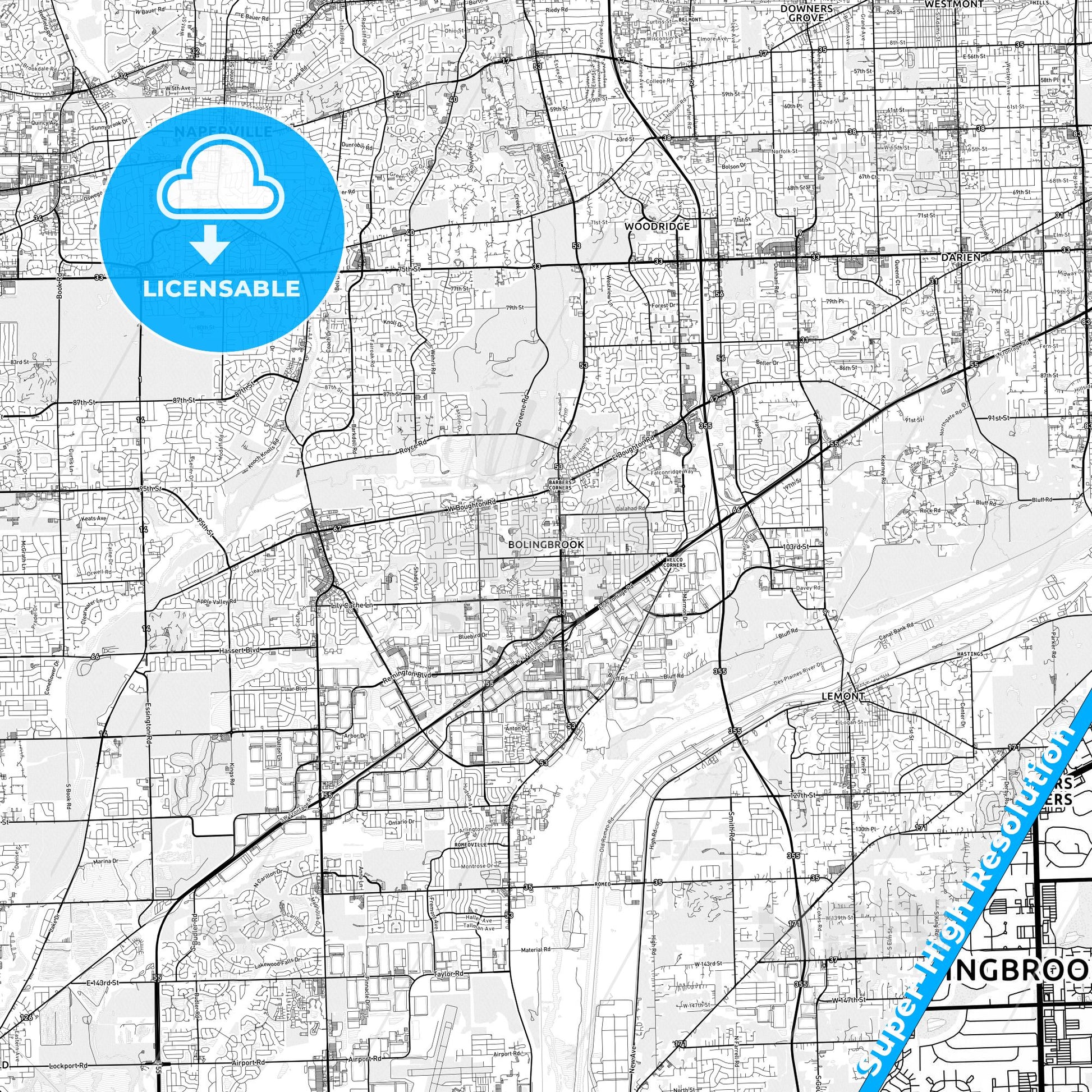 Bolingbrook, Illinois light map with streetnames, citynames and districts