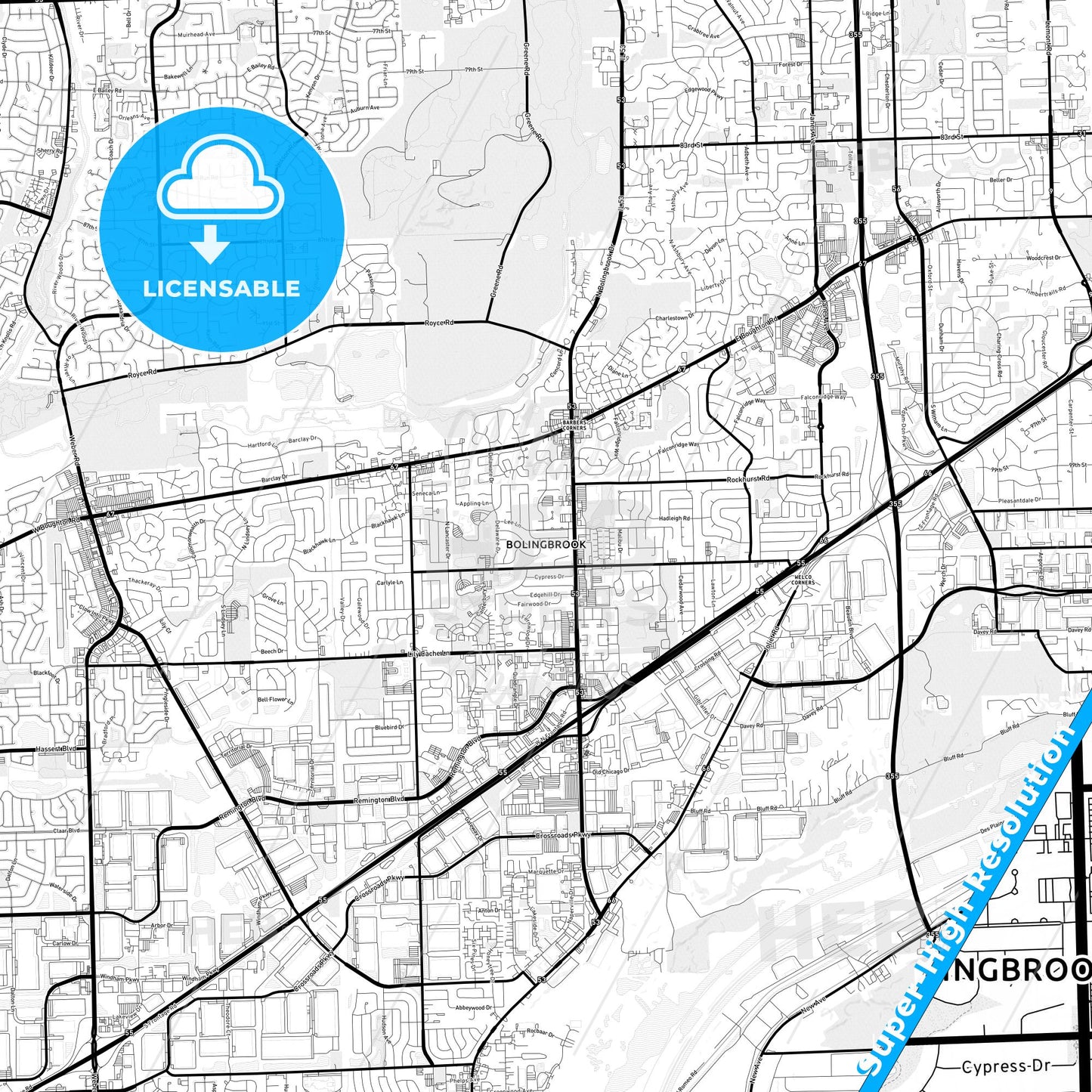 Bolingbrook, Illinois Light Map with Street Names, City Names, and Districts