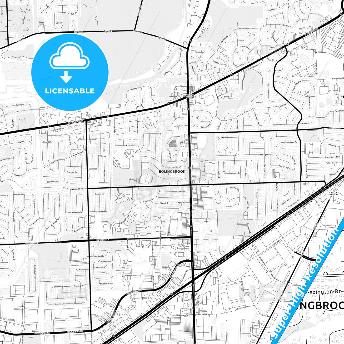 Bolingbrook, Illinois Light Map with Street Names, City Names, and Districts