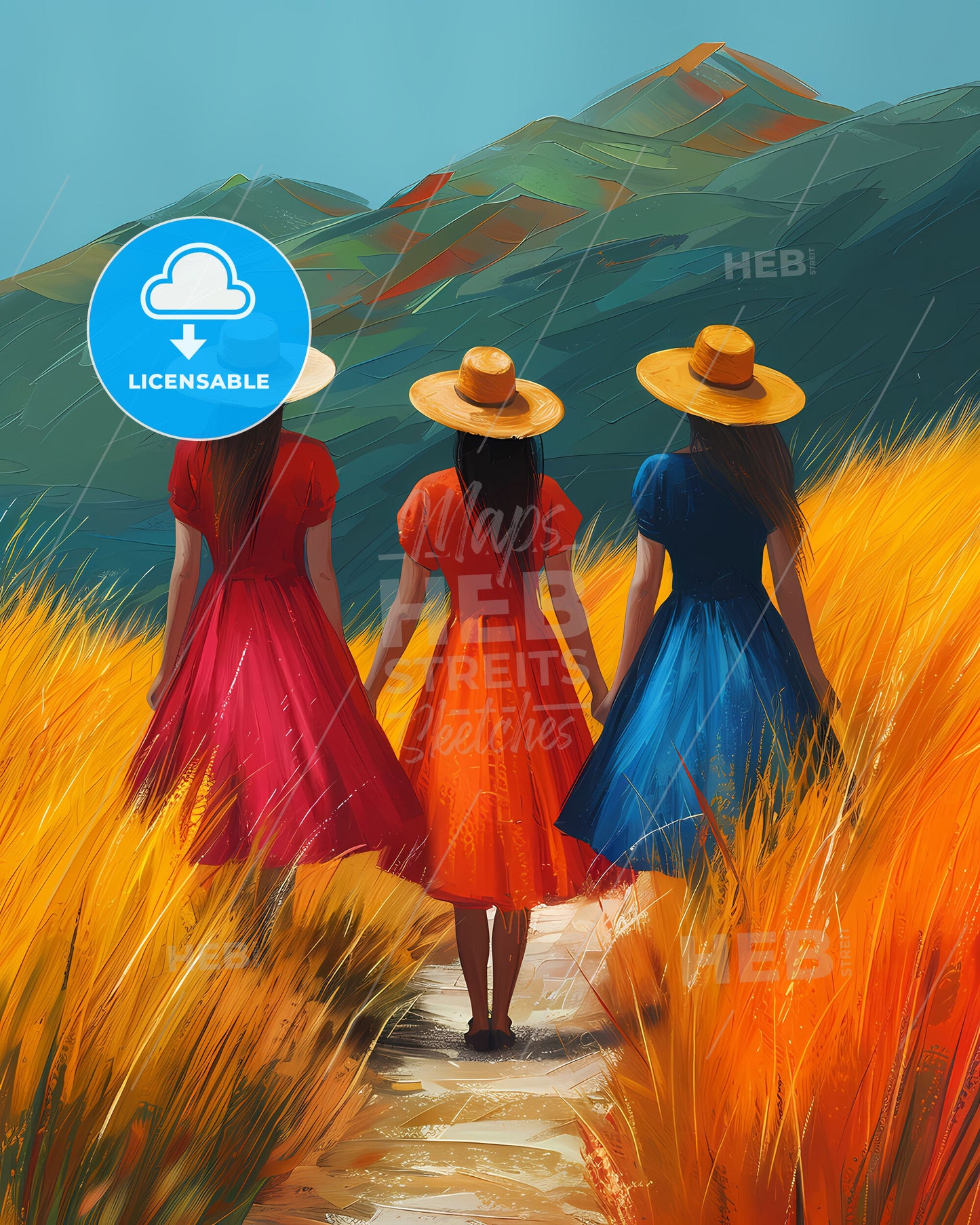 Bolivian Culture Art Painting Women Colorful Festive Traditional Dresses Hats South America Field Path Vibrant