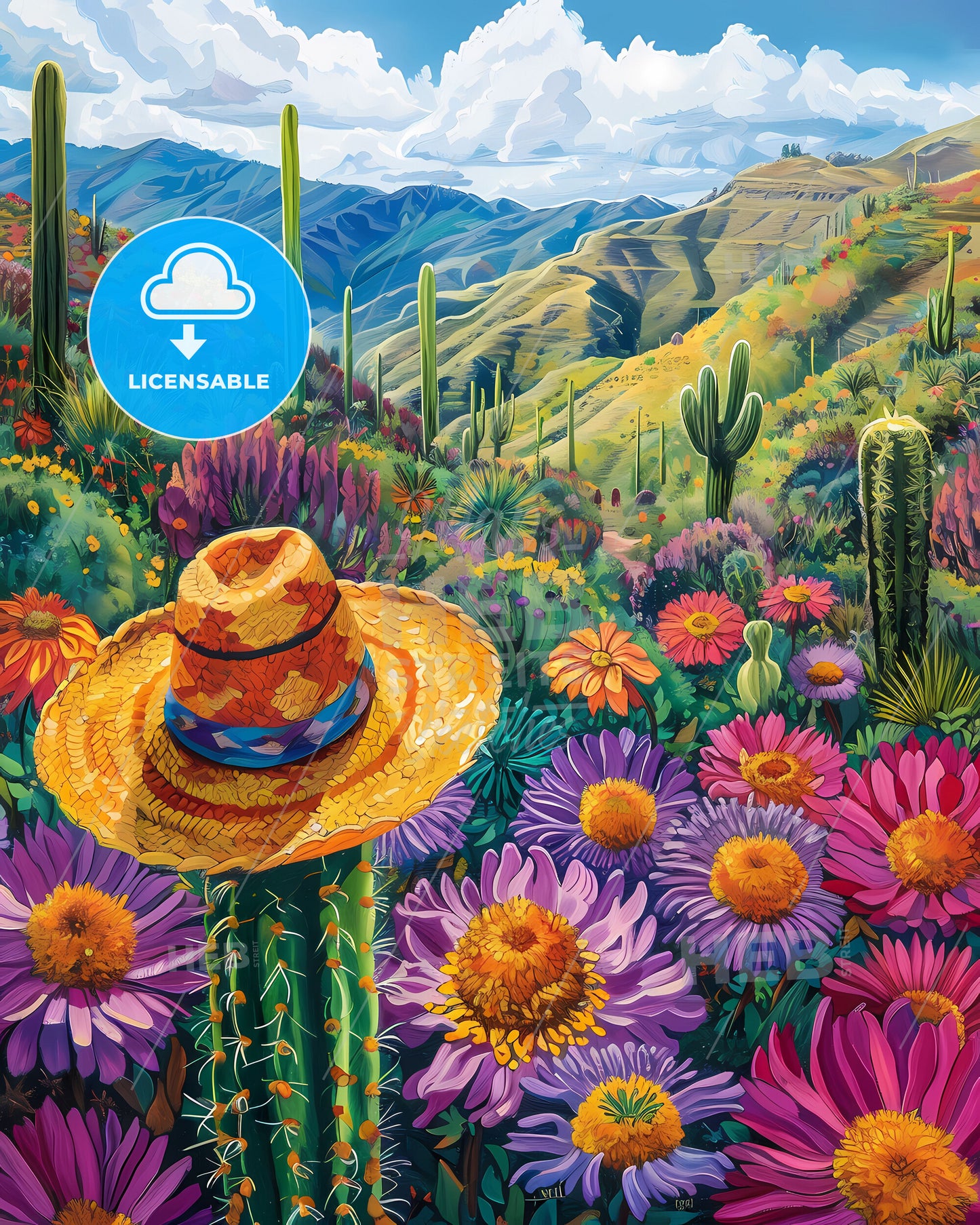 Painting of Vibrant Cactus and Flowers, Bolivia