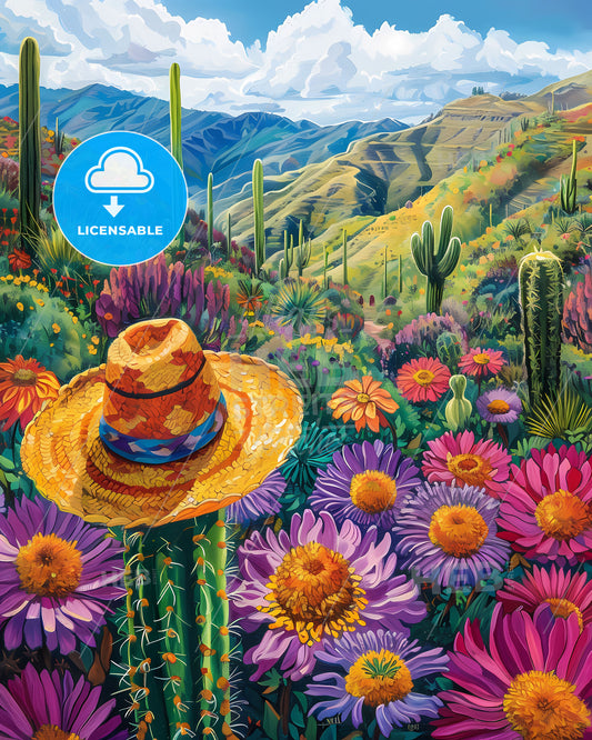 Painting of Vibrant Cactus and Flowers, Bolivia