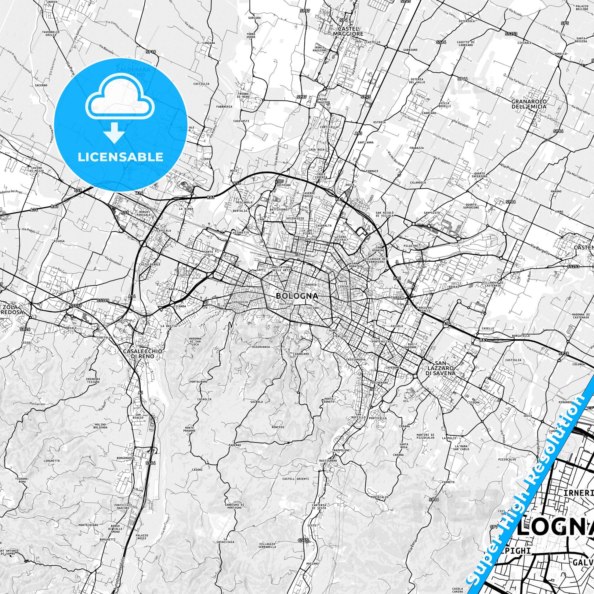 Bologna, Italy light map with streetnames, citynames and districts