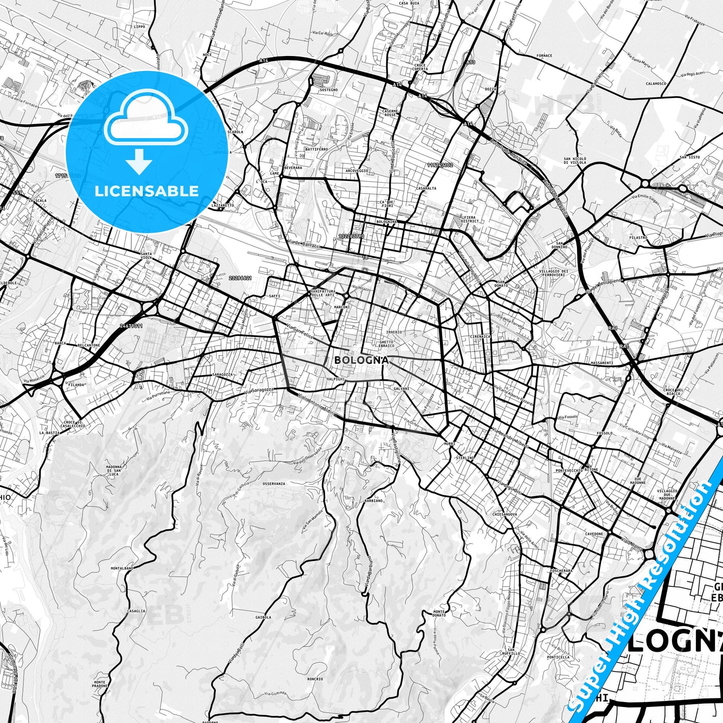 Bologna, Italy Light Map with Street Names, City Names, and Districts
