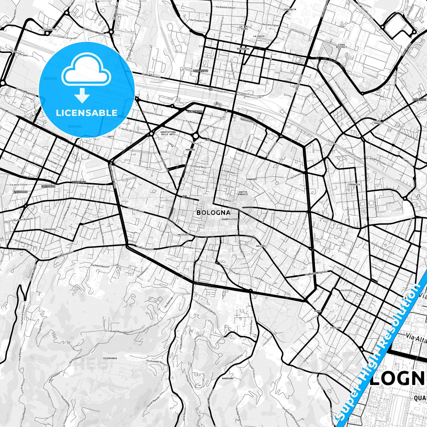 Bologna, Italy Light Map with Street Names, City Names, and Districts
