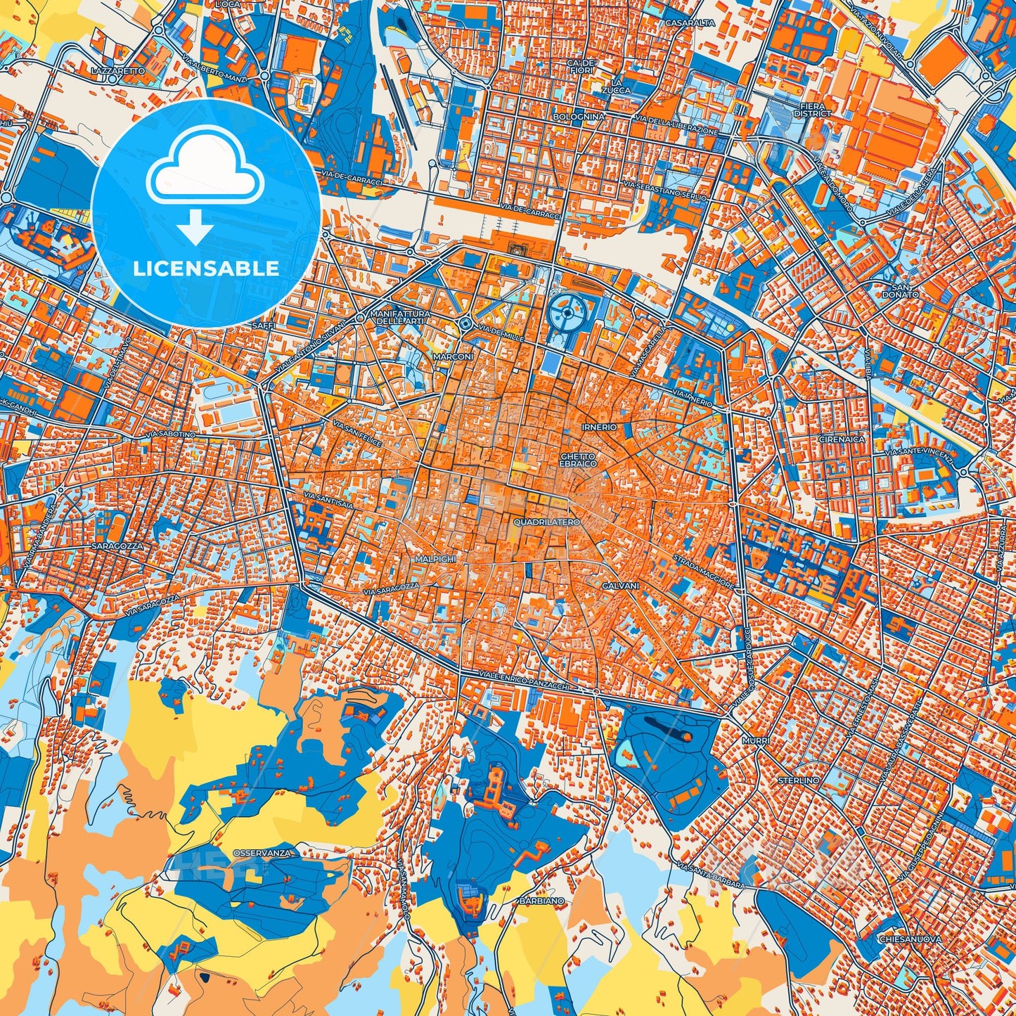Colorful Bologna Street Map with Labels and Buildings