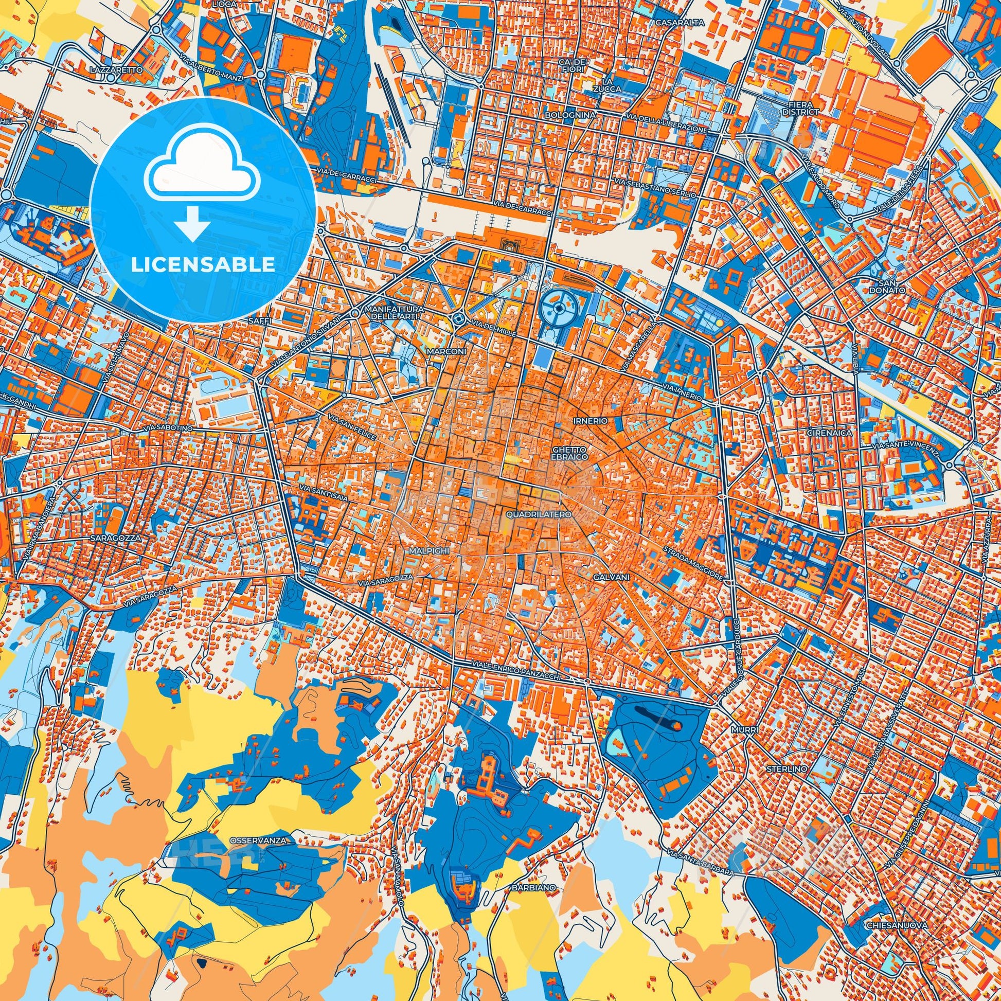 Colorful Bologna Street Map with Labels and Buildings