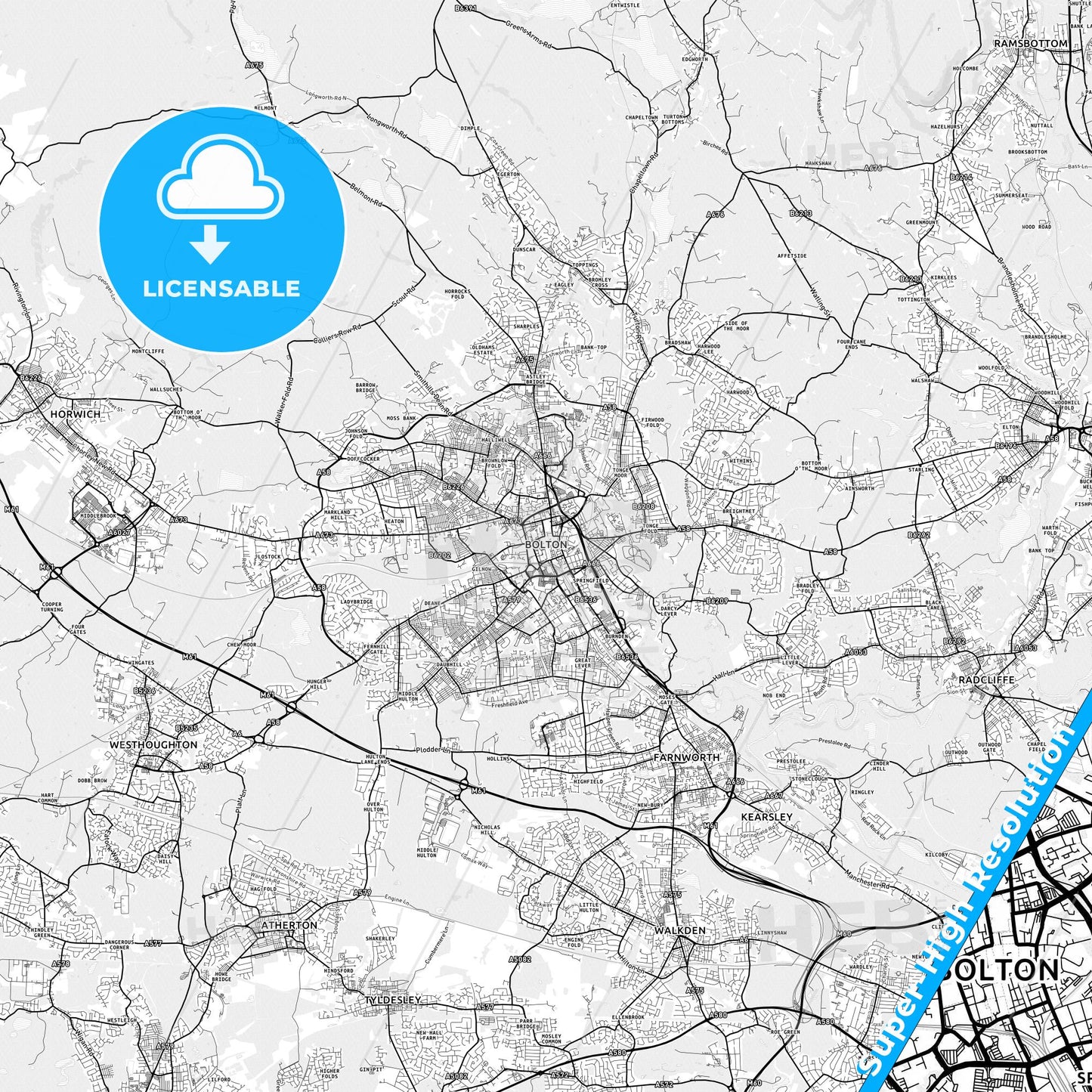 Bolton, England light map with streetnames, citynames and districts