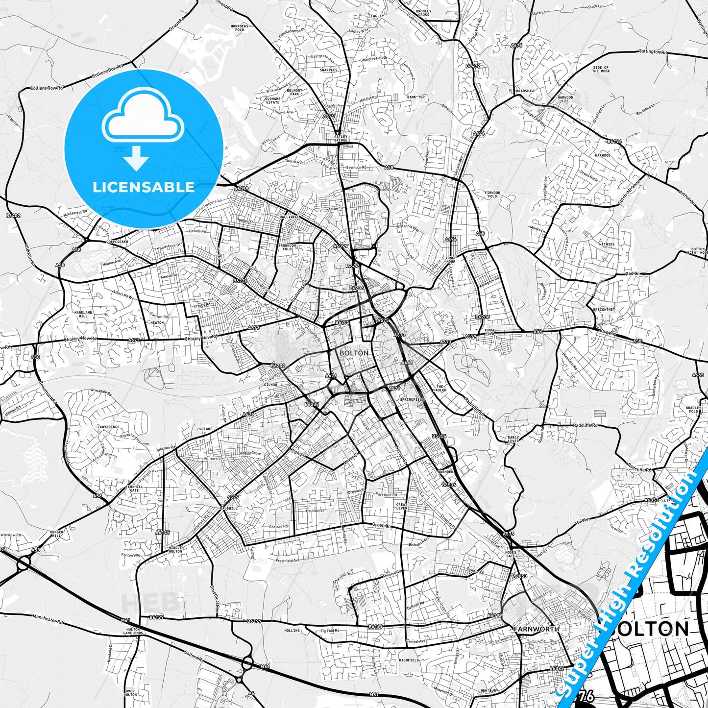 Bolton, England Light Map with Street Names, City Names, and Districts